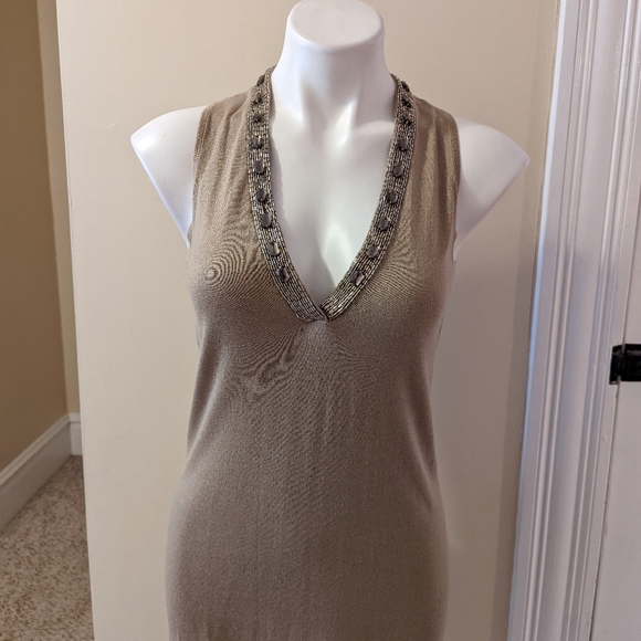 Magaschoni tan beaded neckline silk/cashmere blend tank sweater dress. - Picture 4 of 9